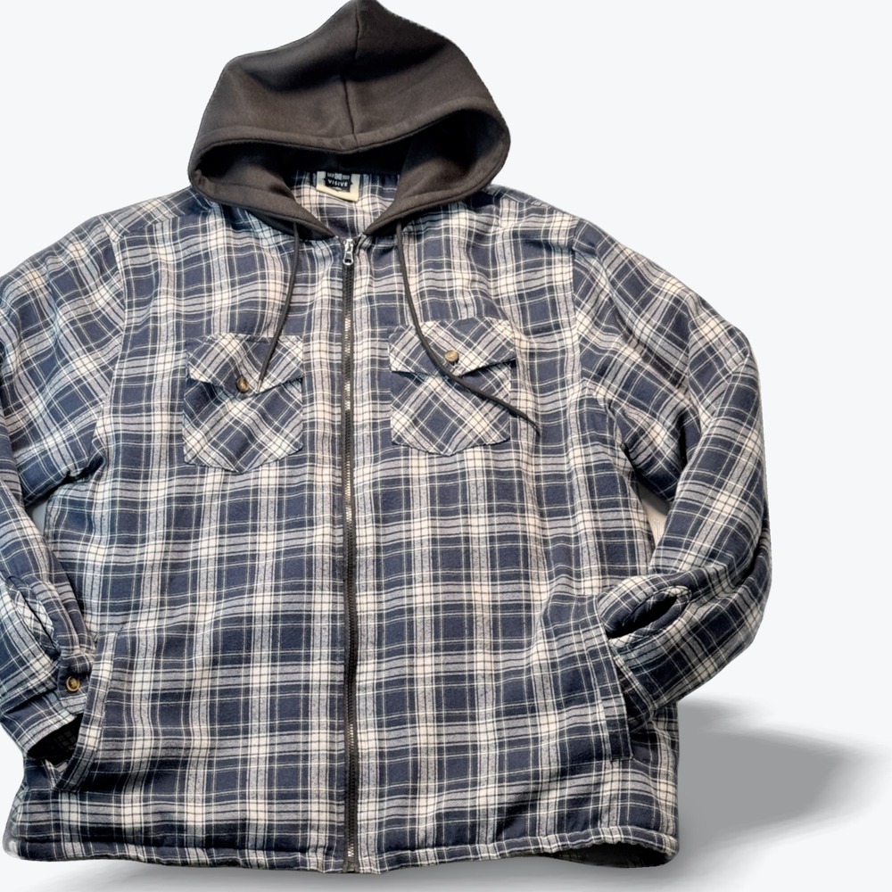 Visive Sherpa Lined Flannel Hooded Zip Up Jacket Mens 3XL Blue Plaid Shacket
